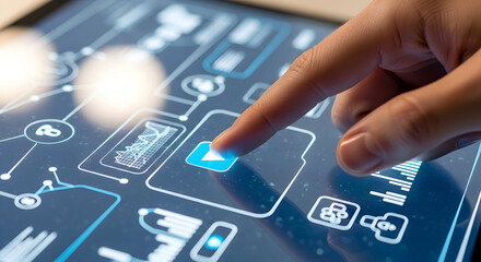 Finger Tapping Play Button on a Futuristic Digital Interface Screen