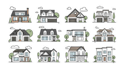 Collection of twelve diverse architectural house designs modern suburban homes exterior views
