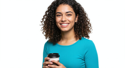 Young hispanic woman in turquoise top, holding coffee cup and smiling confidently, isolated on white background. Generative AI