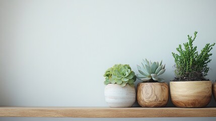 Variety of indoor plants displayed on shelf with neutral background