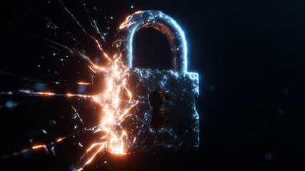 Glowing lock breaking apart with sparks, symbolizing cyber security breach, digital vulnerability, and data protection failure
