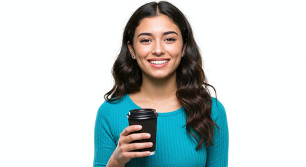 Young hispanic woman in turquoise top, holding coffee cup and smiling confidently, isolated on white background. Generative AI