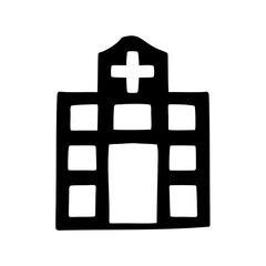 Obraz premium Simple black silhouette of a hospital building with a white background
