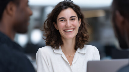 Obraz premium Happy female executive discussing project with colleagues in modern office, smiling and confident, teamwork and collaboration concept