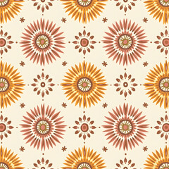 This seamless pattern features a vibrant, repeating floral design with warm colors.