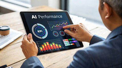 Businessman analyzing AI performance data on tablet with key performance indicators at modern workspace, KPI dashboard