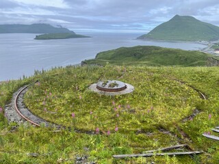 WWII panama gun mount left on top of Bunker Hill in Dutch Harbor. Part of the Aleutian Campaign during world war two