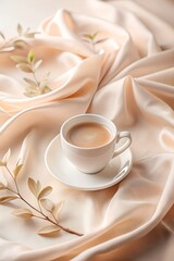 Obraz premium A warm cup of coffee or tea sits elegantly on a saucer, surrounded by soft, flowing champagnecolored silk fabric and delicate green leaves, evoking comfort and luxury