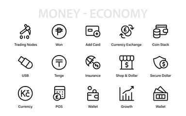 Professional Currency and Banking Line Icon Collection. Modern outline vector pack of financial, trade, and economic business elements
