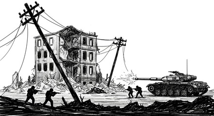 Illustration of soldiers in combat near a destroyed building, with a tank firing its cannon.