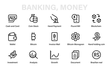 Banking and Economy Minimal Line Icon Pack. Unique vector outline set for currency, business, savings, and modern finance design