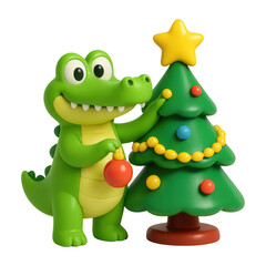 Fototapeta premium PNG Festive crocodile decorates Christmas tree.