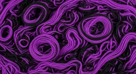 Twisted, swirling, messy pile of black and purple yarn, background pattern