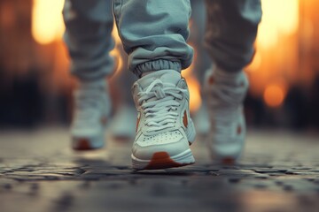 Close-Up Of White Sneakers On Cobblestone