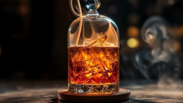 Smoked whiskey or brandy in a decorative glass cloche, creating a luxurious and sophisticated drinking experience