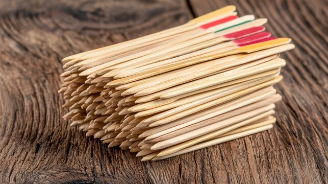 Neat Stack of Wooden Skewers with Colorful Tips on Dark Wood