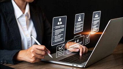 Human Resources management Recruitment Employment Headhunting Personnel qualification certification Concept, Hands typing on a laptop with digital document icons overlay