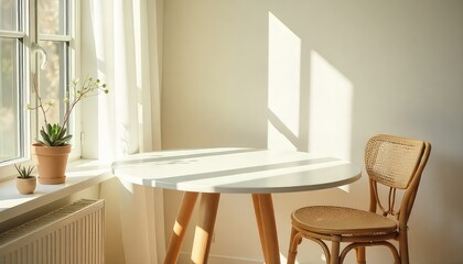 Bright interior scene with a round table, wicker chair, and plants by the window in soft sunlight