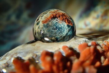 A crystal sphere rests on a rock, reflecting intricate underwater coral and web-like structures.