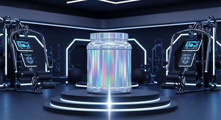 Futuristic Gym Equipment and Supplement Bottle Display