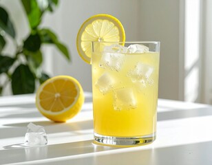 Refreshing Lemonade with Ice Cubes on a Sunny Table