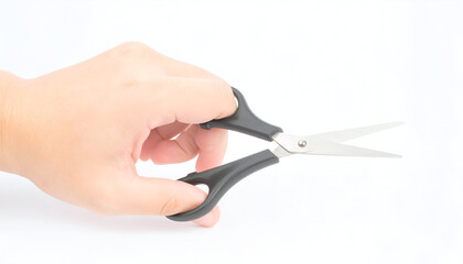 Hand Holding Small Black Scissors on White Background