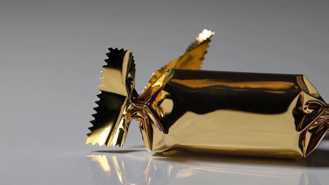 Tasty candy in golden wrapper on white background