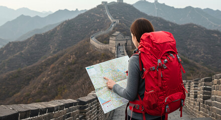A female traveler consulting a map atop the majestic Great Wall