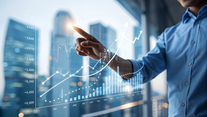 Dynamic growth strategy visualized by executive pointing to virtual data analytics in modern office, showcasing financial performance and profit