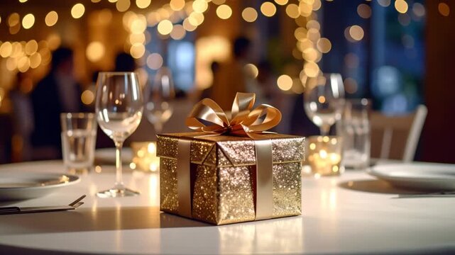 Golden gift box on elegant dinner table