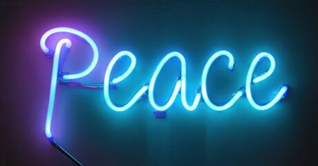 Bright neon sign displays word peace. Vivid blue, purple hues illuminate dark background. Simple, elegant script style.
