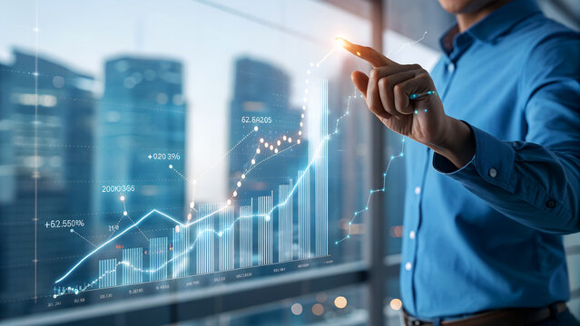 Successful businessman analyzing financial growth with futuristic data charts in modern office setting with stunning city backdrop - Powered by Adobe