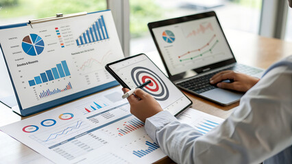 Professional financial analyst reviewing company performance reports on tablet and laptop, planning growth strategies in modern office space with dynamic data