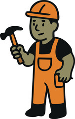 A cartoon-style construction worker character wearing an orange helmet and overalls is holding a hammer.