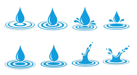 Collection of blue water droplets falling and creating ripples and splashes on a white background.