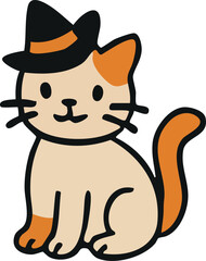 A cute cartoon cat with orange spots is wearing a black witch hat with an orange band, giving it a festive Halloween look.