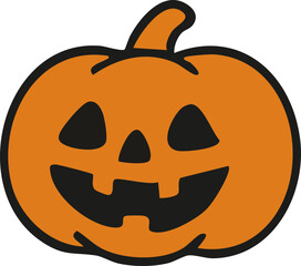 A cheerful cartoon jack-o’-lantern pumpkin with a wide toothy smile and triangular eyes is shown in a simple Halloween style.