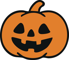 A cheerful cartoon jack-o’-lantern pumpkin with a wide toothy smile and triangular eyes is shown in a simple Halloween style.