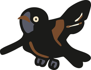 A cartoon black bird with brown details on its wings and beak is depicted in a simple, playful style.