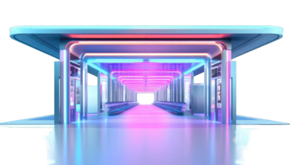 Futuristic tunnel entrance with vibrant neon lighting