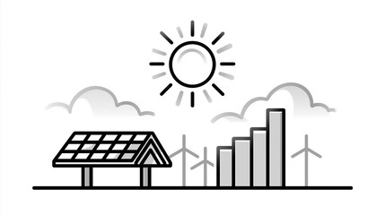 Naklejka premium Green Energy Future: A striking graphic illustrates the commitment of a sustainable future, showing the symbiotic relationship between the sun, wind turbines, and solar panel.