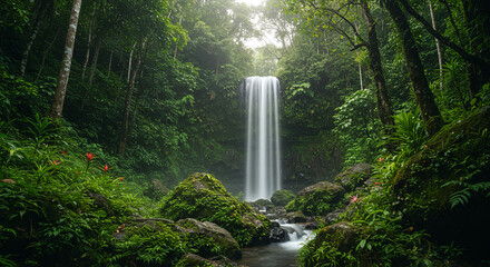 A stunning waterfall cascading down into a serene pool of water, surrounded by lush greenery