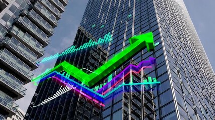 financial market indicator displaying prosperous real estate investment with graphical data and upward pointing symbol against tall building architectural backdrop - Powered by Adobe