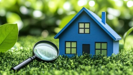 Property Inspection in Nature's Embrace: An insightful examination of a miniature house, symbolizing property assessment or real estate endeavors, nestled amongst lush green vegetation.