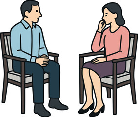 Man and woman sitting on chairs having serious conversation, counseling session, communication, relationship discussion, psychology, mental health support concept illustration.