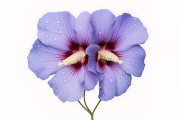 Naklejka premium Detail of Hibiscus syriacus 'Oiseau Bleu' flowers with rain drops, isolated on white background