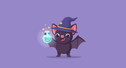 An adorable bat character, adorned with a wizard hat, happily presents a magical potion bottle in this charming Flat Design illustration. This whimsical scene captures the playful spirit of Halloween 