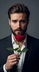 Man in a suit holding a red rose.