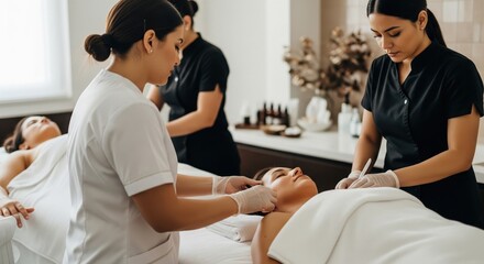 Esthetician performs facial treatment on client in a beauty spa