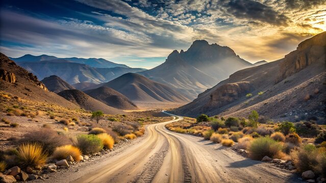 Winding dirt road through a dramatic mountain landscape under a cloudy sky with sunbeams breaking through, showcasing a remote and adventurous travel destination